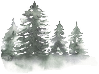 Watercolor woodland illustration, forest tree and fog background clipart. Card invitation design with forest trees. Evergreen trees border, fir natural print