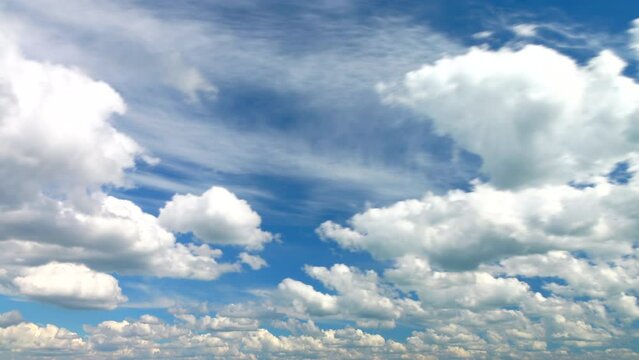 Beautiful clear white clouds fluffy at view clean color blue sky 4K. Sunny day. Effect flow large puffy moving cloudscape, concept scene, scenery, intro, time lapse, mid shot, ultra hd. ProRes 422 HQ.