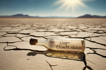 message in a bottle on dry cracked lake bed under a hot sunny sky
