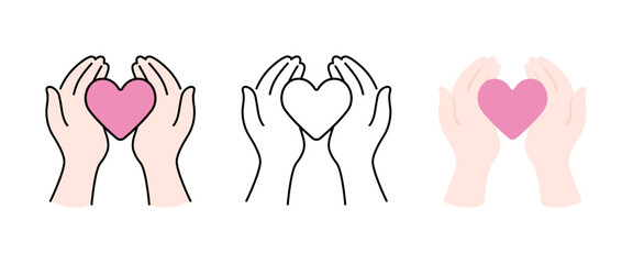 思いやりと誠実さ、手とハートのアイコンセット ベクターイラスト