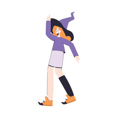 Happy Woman Character at Halloween Party in Witch Costume with Hat Vector Illustration