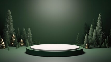 Christmas background, Christmas tree and green podium, pedestal for product presentation. 