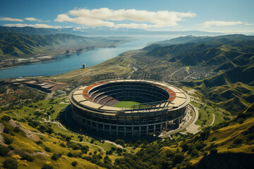 Fototapeta premium Soccer or football stadium in day time, aerial view