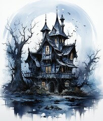 Fototapeta na wymiar Halloween Witch House: Watercolor Illustration. Generative A