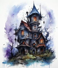 Fototapeta na wymiar Halloween Witch House: Watercolor Illustration. Generative A