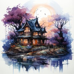 Halloween Witch House: Watercolor Illustration. Generative A