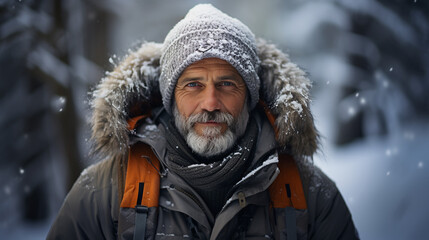 Fototapeta na wymiar Attractive elderly man walking in the winter forest. Generative Ai