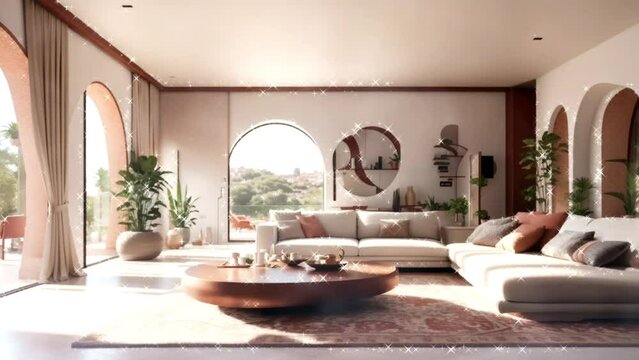 interior design of spanish seamless looping video background animation, cartoon style, ultra realistic