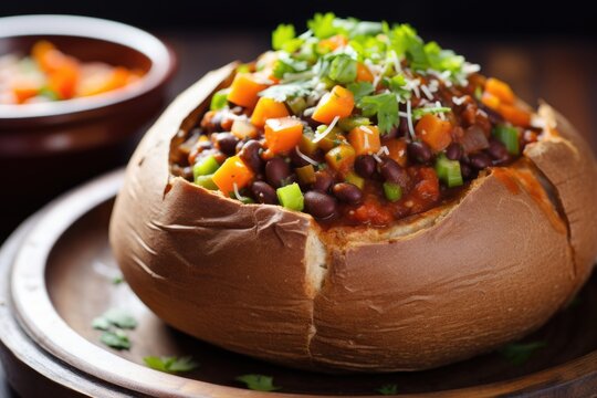 Spicy Black Bean And Sweet Potato Chili In A Bread Bowl