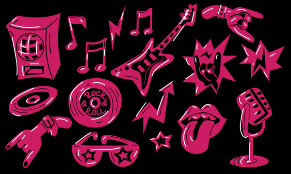 A set of elements of punk rock and roll in pink. Vector illustrations of hard rock, signs, objects, symbols. Cartoon rock star icon for a musical group, concert, party. Isolated on a white background.