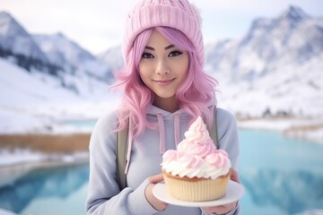 Happy Asian Young Girl With Pink Hair With Cake Snowy Mountains Background . Culturally Diverse Beauty, Creative Hair Coloring, Delectable Treats, Mountainous Winter Wonders, Christmas Celebrations