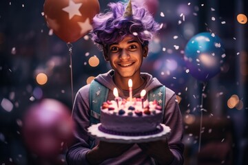 Obraz na płótnie Canvas Happy Indian Boy With Purple Hair With Cake. Festivities, Indian Culture, Purple Hair, Cakes, Color Meaning, Childhood Memories, Happiness, Celebrations