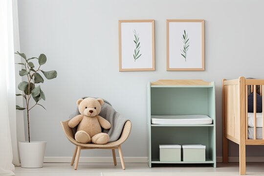 Minimal pastel cute baby boys room, with color frames and a brown bear toy on a shelf next to a potted plant.