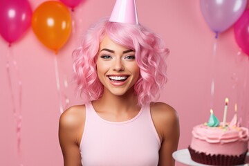 Obraz na płótnie Canvas Happy Young Girl With Pink Hair With Cake Pastel Pink Background. Young Girl With Pink Hair, Pink Background And Cake, Pastel Pink Colour Scheme, Feeling Of Happiness, The Joy Of Birthdays