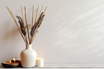 Interior decoration with oil reed diffuser, candles, and space for text on wooden table near white wall.