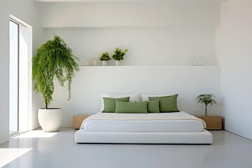 minimalist style bedroom with white walls and a green bed.