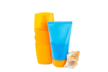 Sunscreen isolated on white background. Jar, cosmetic tube with SPF cream. The concept of skin care and protection from ultraviolet rays. Photoaging. Choice of sunscreen. Vacation.