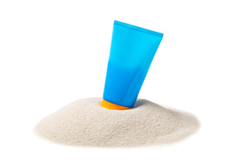 Sunscreen isolated on white background. Jar, cosmetic tube with SPF cream. The concept of skin care and protection from ultraviolet rays. Photoaging. Choice of sunscreen. Vacation.