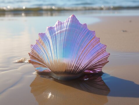 Pearlescent sea shell on the beach irridescent ,Generative AI