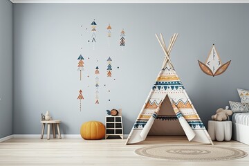 illustration of Scandinavian and boho kids interior with wall mock up.