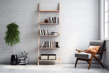 ladder bookshelf in a minimalist modern interior