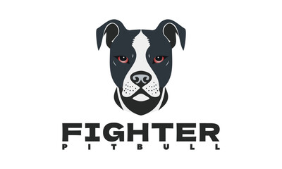 Vector menacing graphic head of a pit bull dog with red eyes and uncropped ears. Emblem, logo or icon. White isolated background.