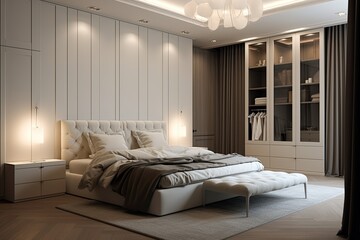 Fototapeta premium Large, white wardrobe for clothes, with a bed for rest in the room.