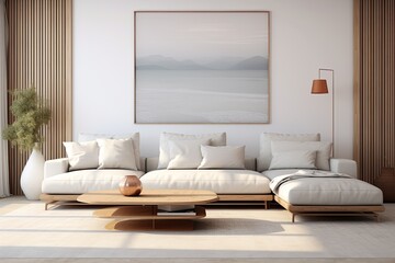 Minimalist living room with white sofa, featuring a Scandinavian interior design. 3D illustration.