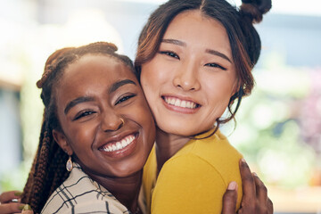 Face, smile and lesbian couple hug in home, bonding and having fun together. Portrait, gay and happy women embrace in love, care or respect, trust or support in commitment, loyalty and interracial - obrazy, fototapety, plakaty