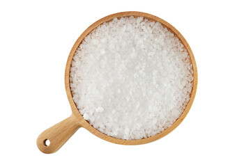 Macro image of sea salt heap on wooden tray board isolated at white background.