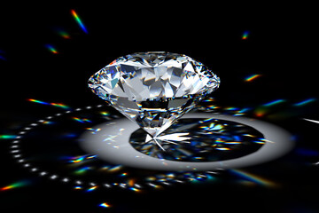 Round brilliant diamond in spotlight with colorful refraction rays