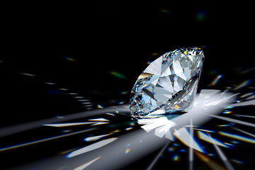 Round brilliant diamond in spotlight with colorful refraction rays