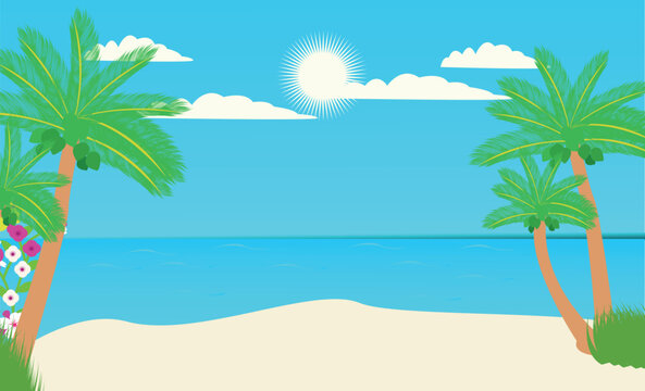 It's summer time banner, beach with coconut tree, grass and lifebuoy on a sunny summer background. © MdRiaz