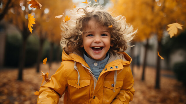 Happy child playing in autumn forest. Generative Ai