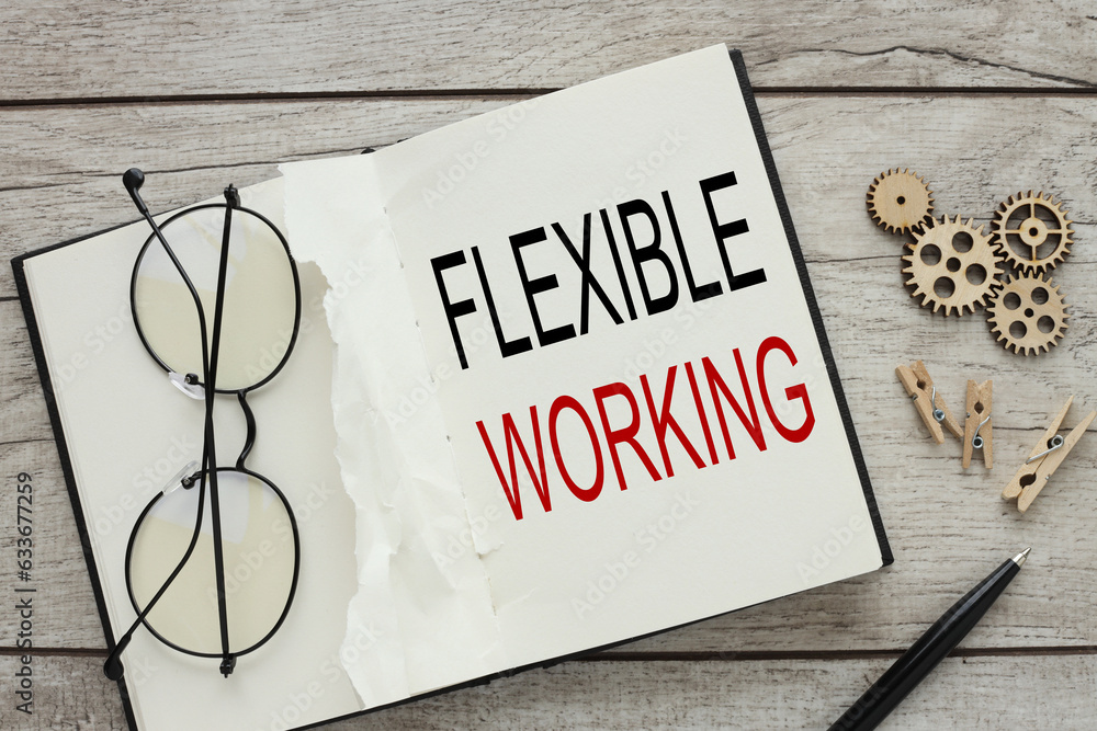 Poster a notebook with glasses on it. words flexible working