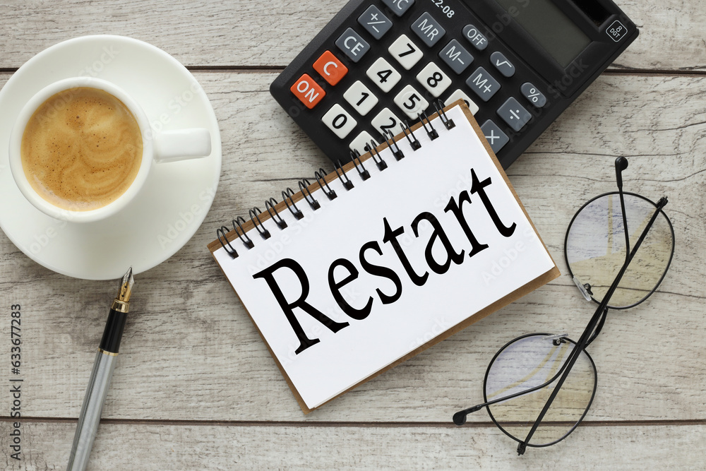 Poster restart. calculator notepad. text on the page