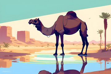 A camel drinking water from an oasis in the desert.
Generative AI