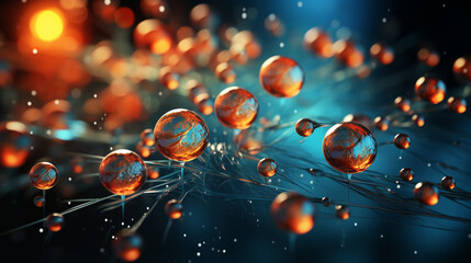 Grafische Elemente mit Wasserperlen in orange und blau Farben als Druckvorlage und Hintergrund, ai generativ