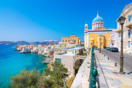 Panoramic view of Ermoupoli and Ano Syra towns in Syros island, Cyclades islands, Greece, Europe.