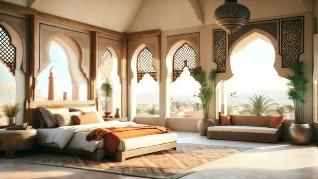 interior design of morocco seamless looping video background animation, cartoon style