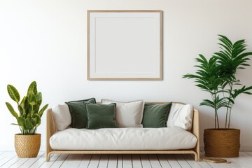 illustration of a square frame mockup in an interior setting with a gray sofa, cushions, green plaid, snake plant in a wicker basket, and an empty white wall background.
