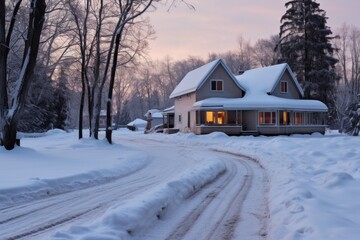 snowy driveway with footsteps and shovel tracks