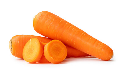 Two beautiful fresh orange carrots with slices in stack isolated on white background with clipping path. Close up of healthy vegetable root