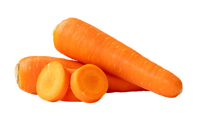 Two beautiful fresh orange carrots with slices in stack isolated on white background with clipping path in png file format Close up of healthy vegetable root
