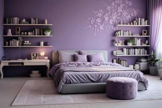 2024 interior design: Lavender bedroom with spacious bed, shelves, and blank painted wall background.