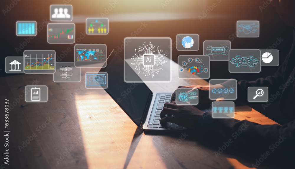 Poster people and technology concept man use ai to help work, ai learning and artificial intelligence conce