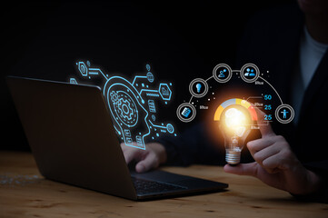 people and Technology concept man use AI to help work, AI Learning and Artificial Intelligence Concept. Business, modern technology, internet and networking concept. AI technology in everyday life