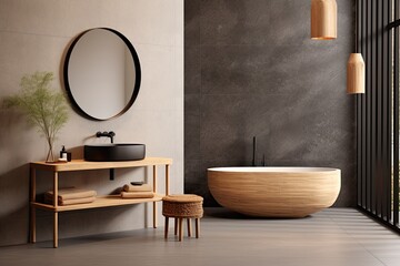 Minimalist bathroom with grey stone tiles, wooden furniture, black fixtures, and round mirror. Inspired by a spa.