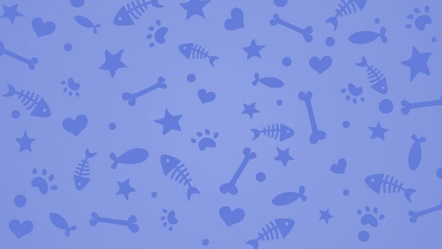 Seamless set of animal pattern with paw print, heart, fish, bone. Abstract looped blue background on a zoological theme.