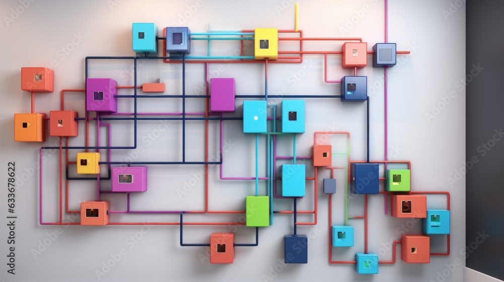 Poster a wall with colorful electrical boxes on it. generative ai image.